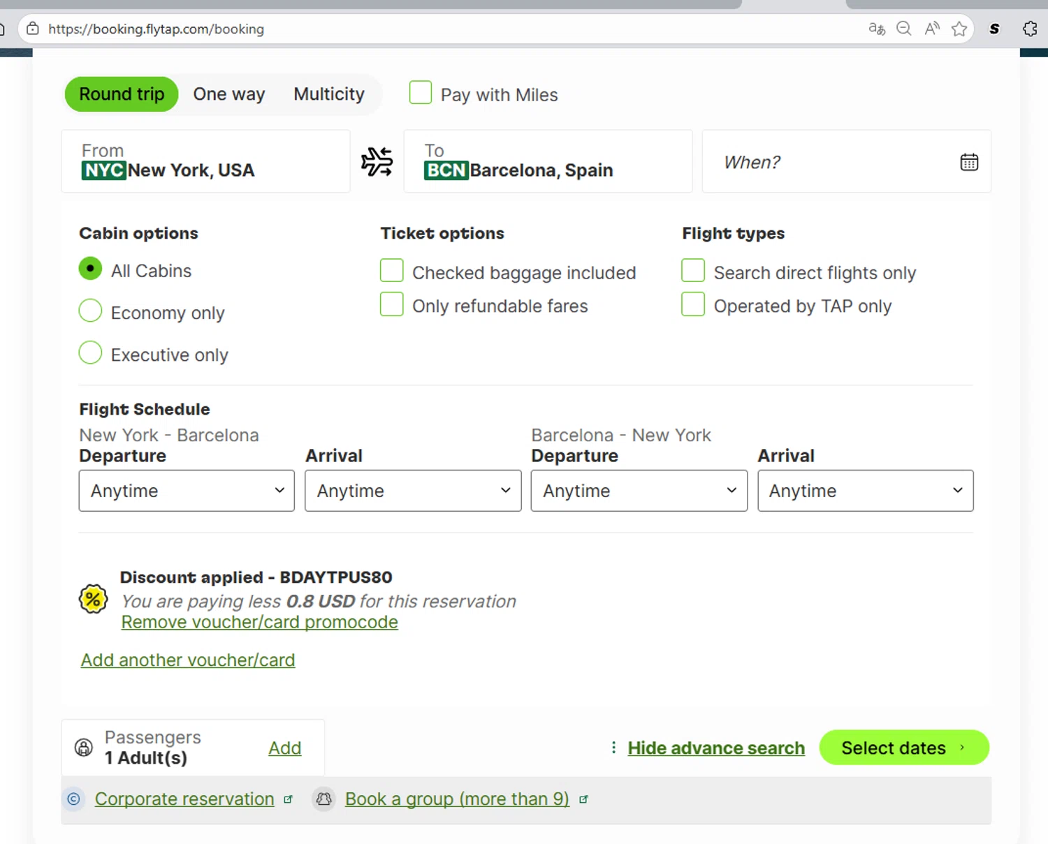 TAP Air Portugal promo code screenshot showing code BDAYTPUS80 applied at TAP Air Portugal checkout page. Uploaded by SimplyCodes community member paola49520 on Feb 4, 2026