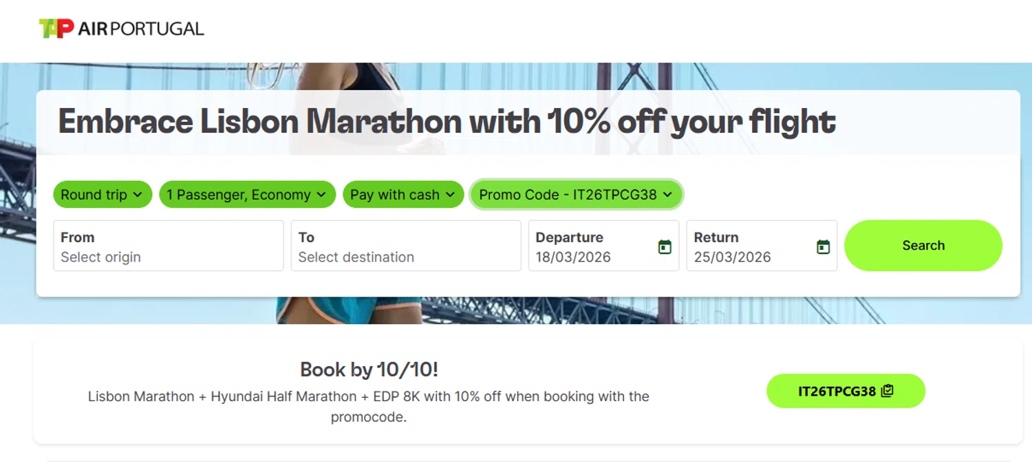 Verification screenshot for 10% Off Flight (valid for Round-trip Flights From Any Tap Destination to Lisbon and Operated Between: Edp Marathon + Hyundai Half Marathon + Edp 8k) at TAP Air Portugal - 3mo ago