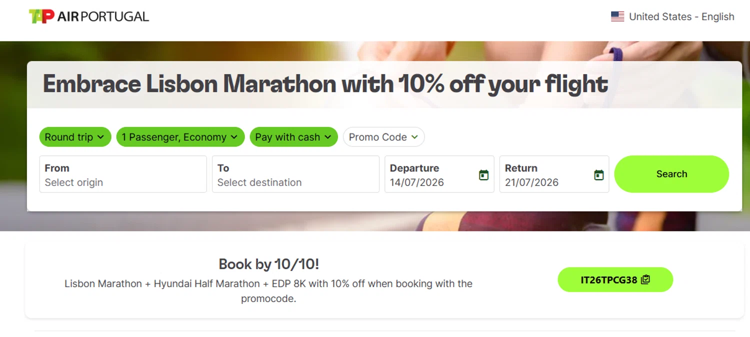 Verification screenshot for 10% Off Flight (valid for Round-trip Flights From Any Tap Destination to Lisbon) at TAP Air Portugal - 14d ago