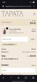 Welcomeback coupon verification screenshot