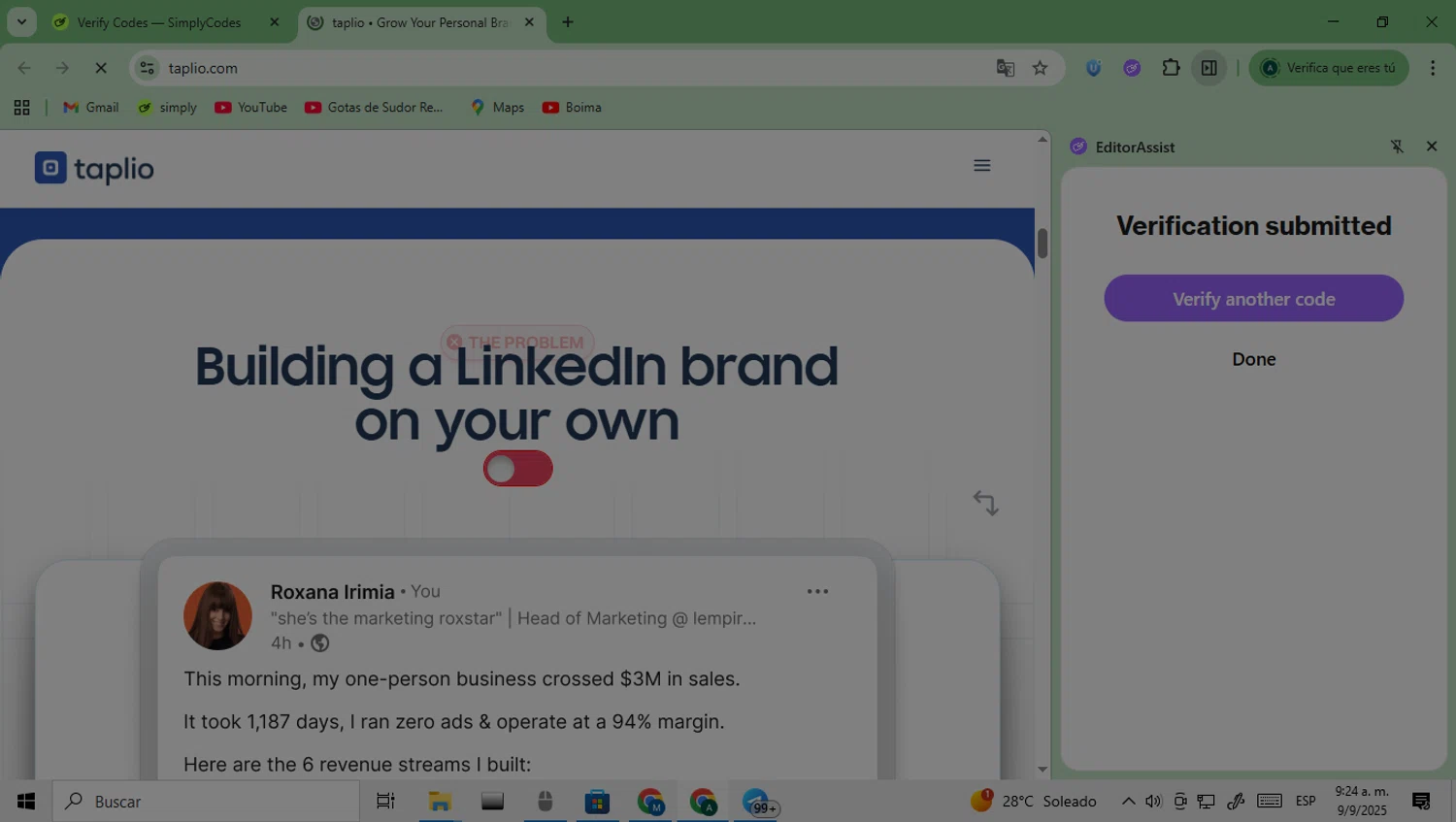 Taplio promo code screenshot showing code TSSXTAPLIO applied at Taplio checkout page. Uploaded by SimplyCodes community member Saturno on Sep 9, 2025