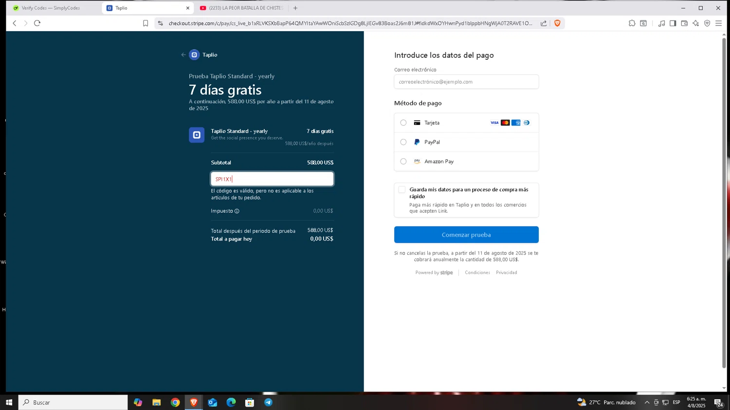Taplio promo code screenshot showing code SPI1X1 applied at Taplio checkout page. Uploaded by SimplyCodes community member Carloscoder_900457733 on Aug 4, 2025