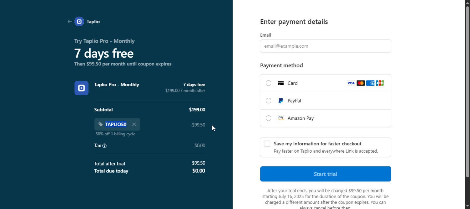 Taplio checkout page showing Taplio promo code box | Screenshot taken by SimplyCodes community member on Jul 9, 2025