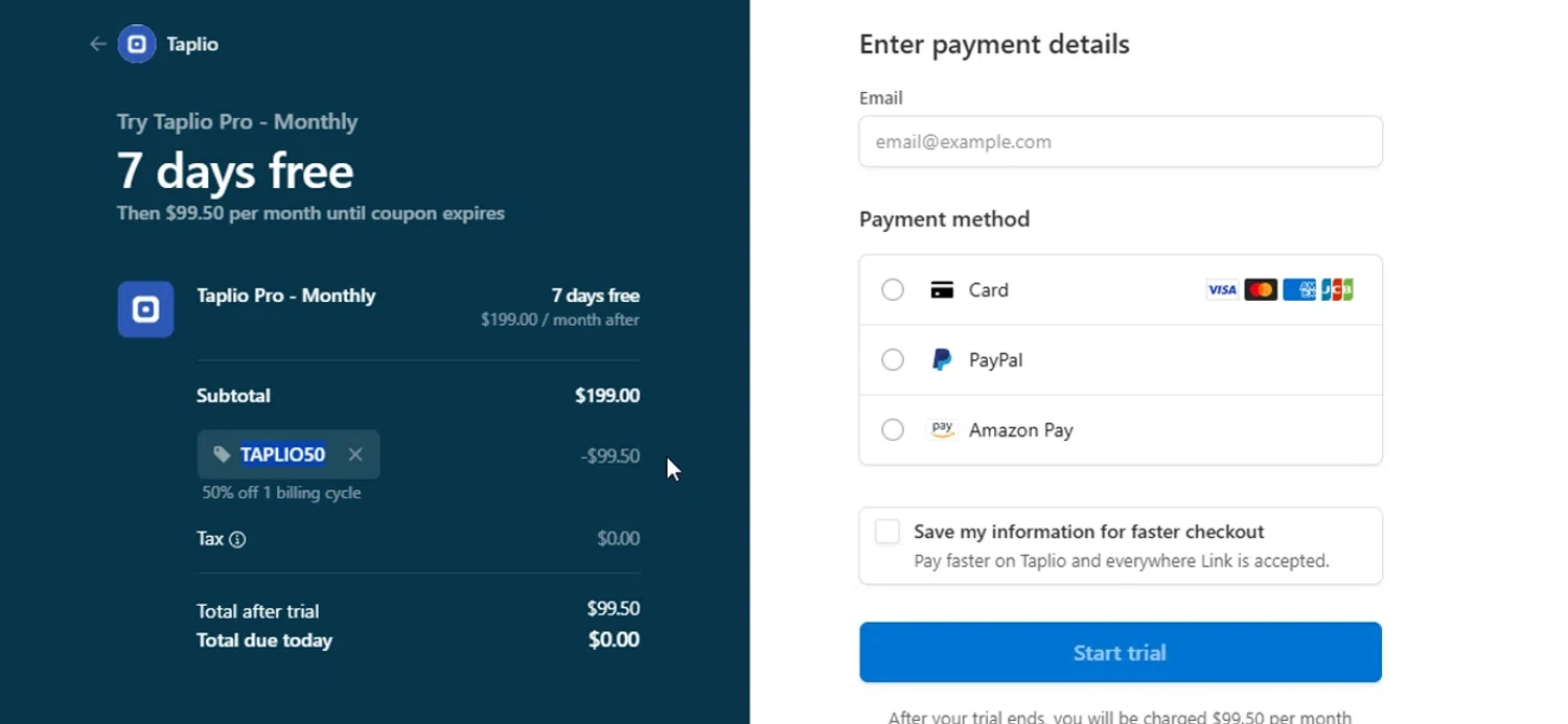 Taplio checkout page showing Taplio promo code box | Screenshot taken by SimplyCodes community member on Aug 7, 2025