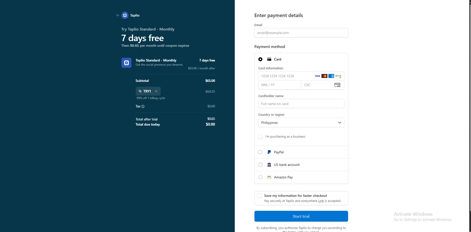 Taplio promo code screenshot showing code TRY1 applied at Taplio checkout page. Uploaded by SimplyCodes community member suppahdealz on Aug 29, 2025