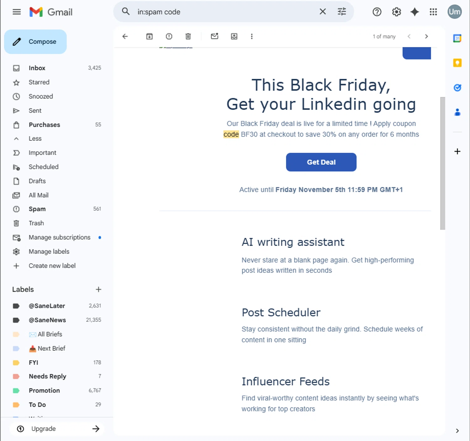 Taplio promo code screenshot showing code BF30 applied at Taplio checkout page. Uploaded by SimplyCodes community member PillarsofCreation on Nov 28, 2025