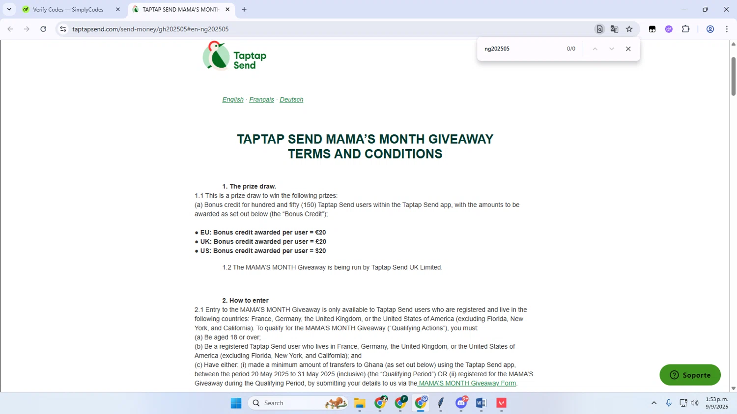 Taptap Send checkout page showing Taptap Send promo code box | Screenshot taken by SimplyCodes community member on Sep 9, 2025