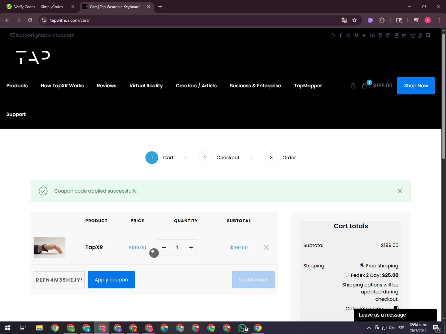 Tap With Us promo code screenshot showing code REFN4M39HEJY5 applied at Tap With Us checkout page. Uploaded by SimplyCodes community member CrownHawk3462 on Jul 26, 2025
