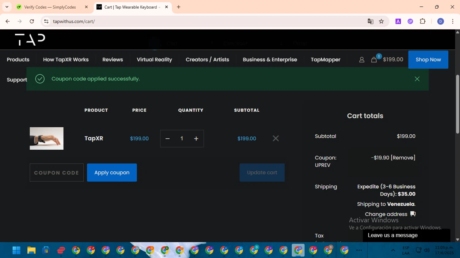 Tap With Us promo code screenshot showing code UPREV applied at Tap With Us checkout page. Uploaded by SimplyCodes community member RewardOwl5959 on Jun 18, 2025