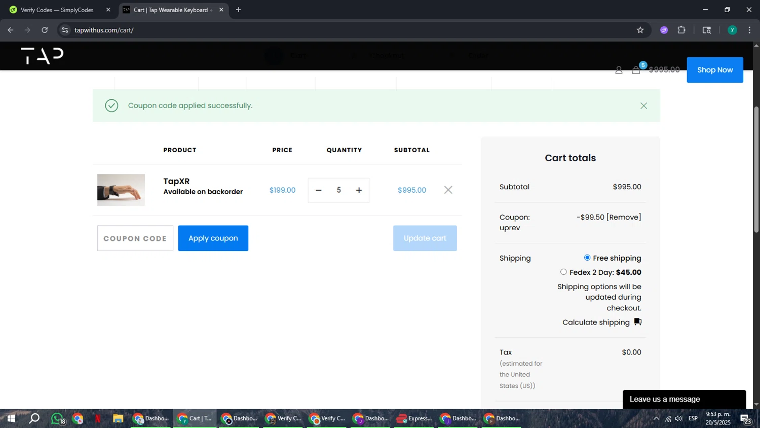 Tap With Us promo code screenshot showing code UPREV applied at Tap With Us checkout page. Uploaded by SimplyCodes community member FrugalCaptain6906 on May 21, 2025