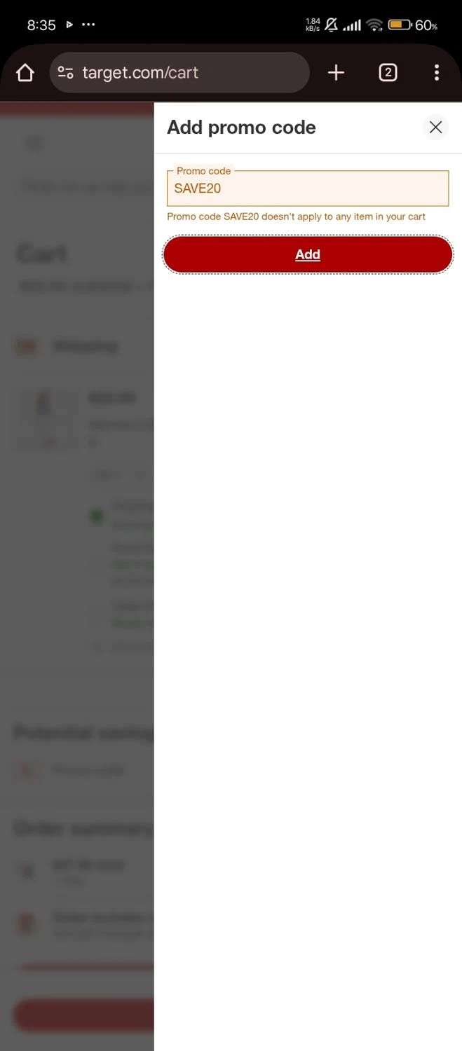 Target promo code screenshot showing code SAVE20 applied at Target checkout page. Uploaded by SimplyCodes community member Bjhfuhdf on Aug 20, 2025