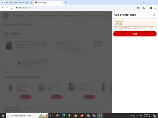 Target checkout page showing Target promo code box | Screenshot taken by SimplyCodes community member on Jun 13, 2025