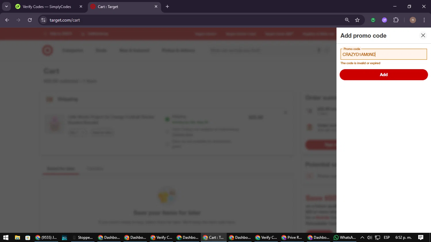 Target promo code screenshot showing code CRAZYD1AM0ND applied at Target checkout page. Uploaded by SimplyCodes community member SmartWarden8713 on Aug 28, 2025