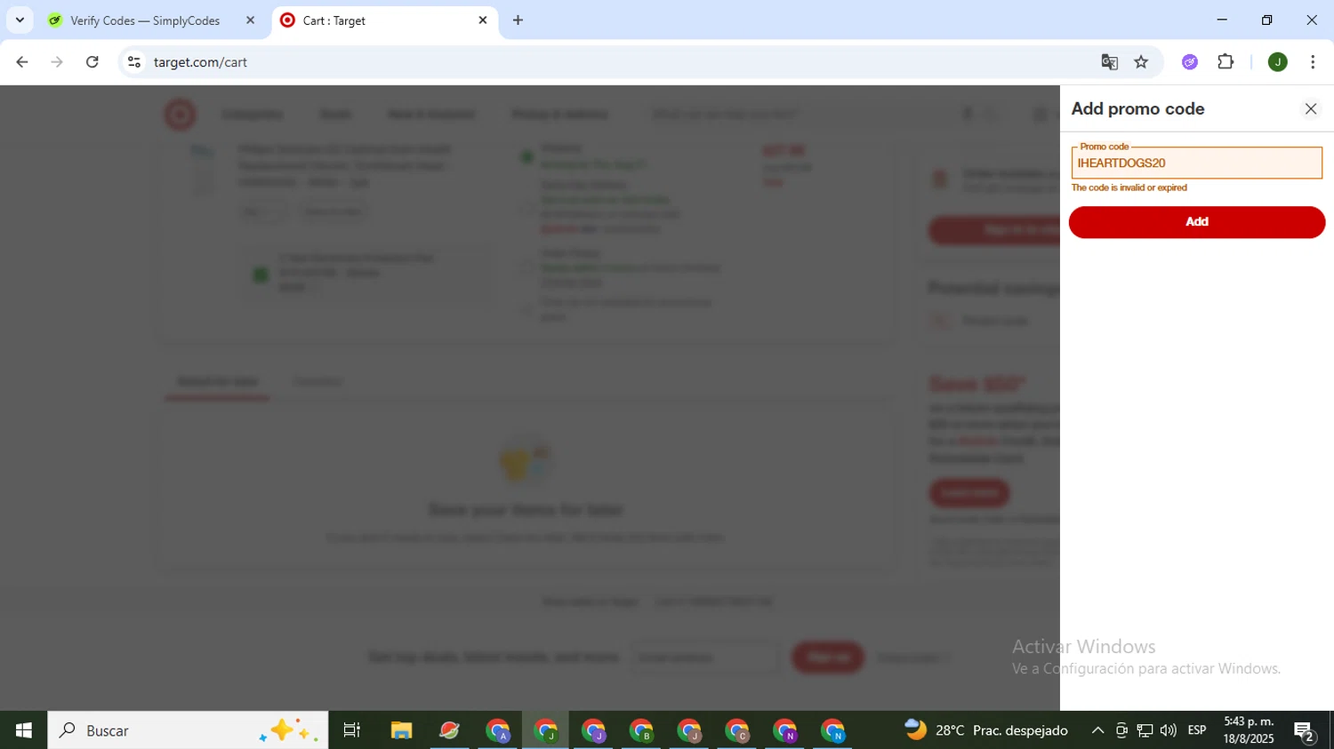 Target promo code screenshot showing code IHEARTDOGS20 applied at Target checkout page. Uploaded by SimplyCodes community member CleverSeeker3529 on Aug 18, 2025