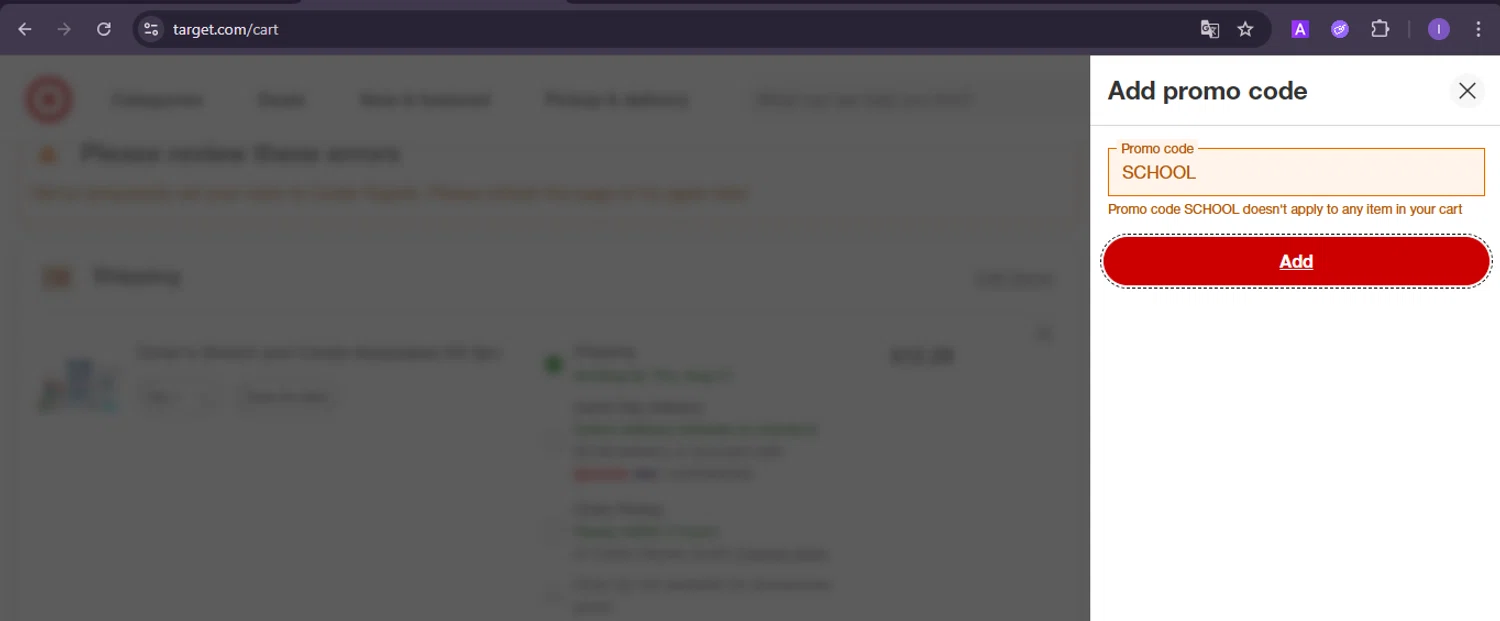 Target promo code screenshot showing code SCHOOL applied at Target checkout page. Uploaded by SimplyCodes community member joineds on Aug 19, 2025