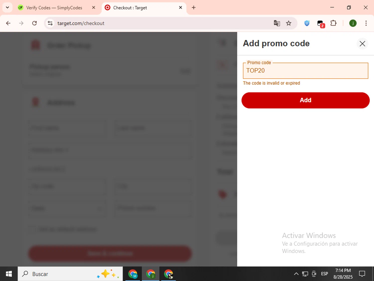 Target promo code screenshot showing code TOP20 applied at Target checkout page. Uploaded by SimplyCodes community member SavingsCollector2592 on Aug 28, 2025