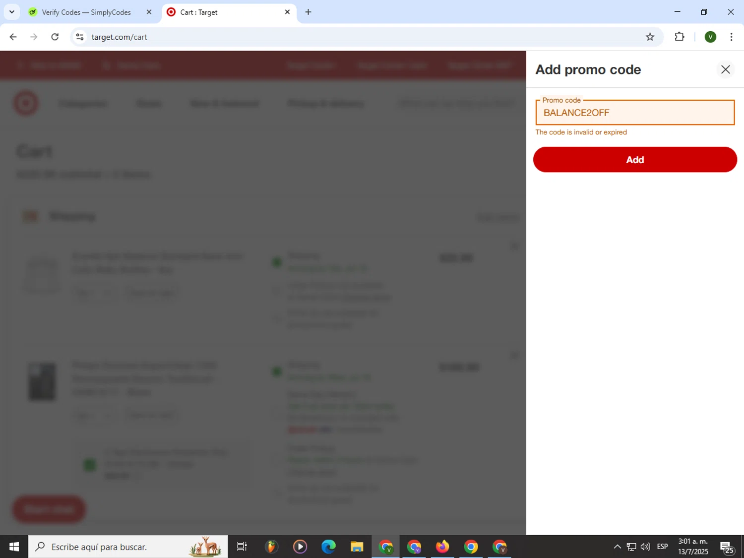 Target promo code screenshot showing code BALANCE2OFF applied at Target checkout page. Uploaded by SimplyCodes community member PrimeWizard4168 on Jul 13, 2025