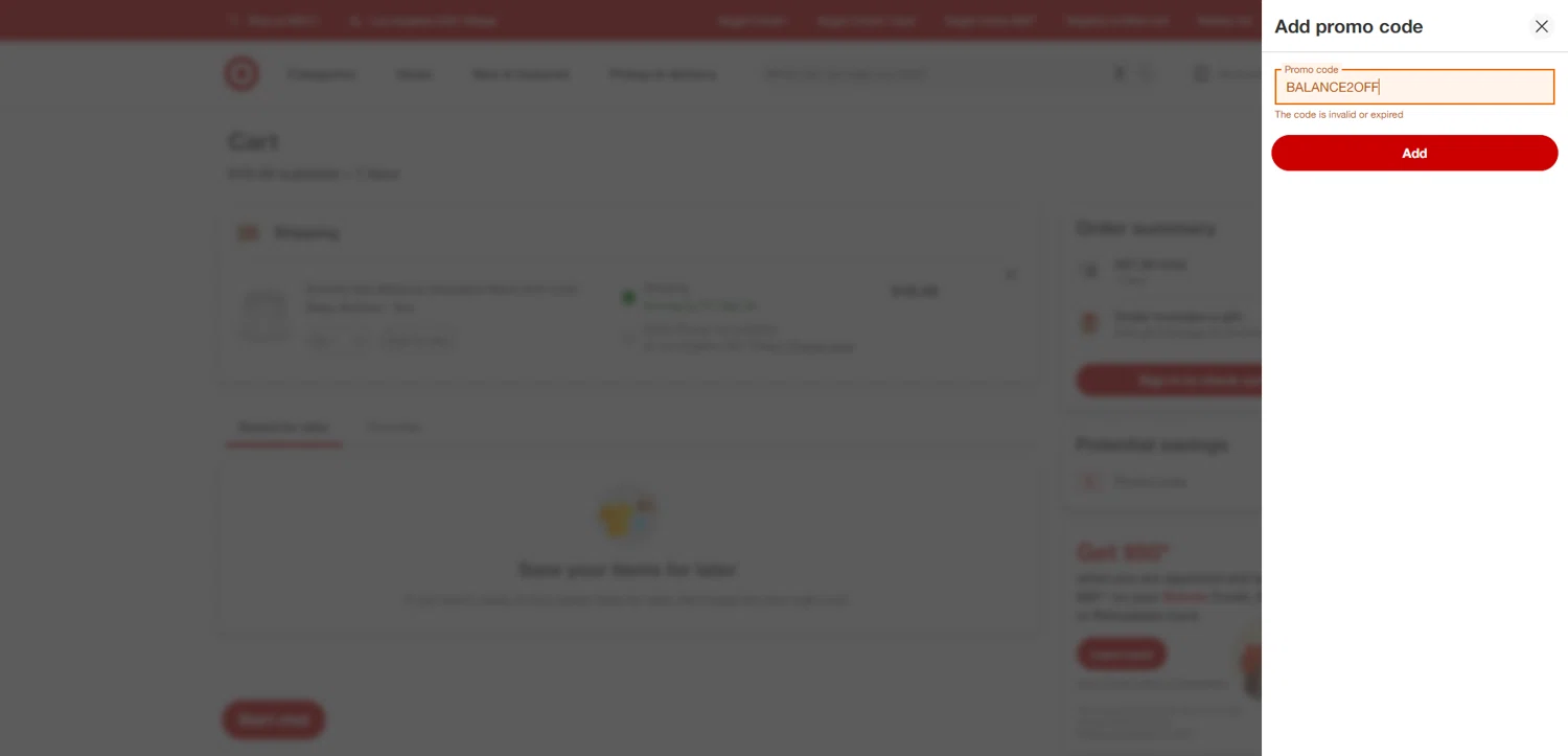 Target promo code screenshot showing code BALANCE2OFF applied at Target checkout page. Uploaded by SimplyCodes community member SilverChaser3269 on May 27, 2025