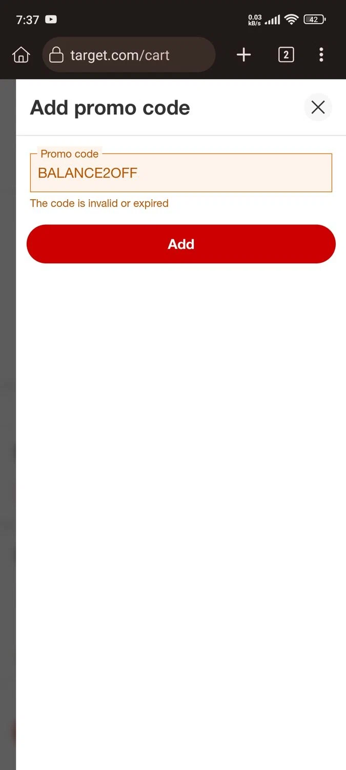 Target promo code screenshot showing code BALANCE2OFF applied at Target checkout page. Uploaded by SimplyCodes community member Willfrenny_18 on May 27, 2025