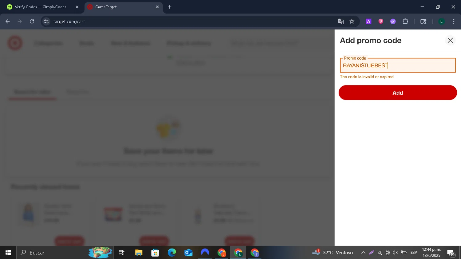 Target promo code screenshot showing code Rayanistuebest applied at Target checkout page. Uploaded by SimplyCodes community member SmartWhiz1165 on Jun 13, 2025