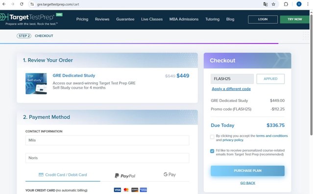 Target Test Prep checkout page showing Target Test Prep promo code box | Screenshot taken by SimplyCodes community member on Sep 5, 2025
