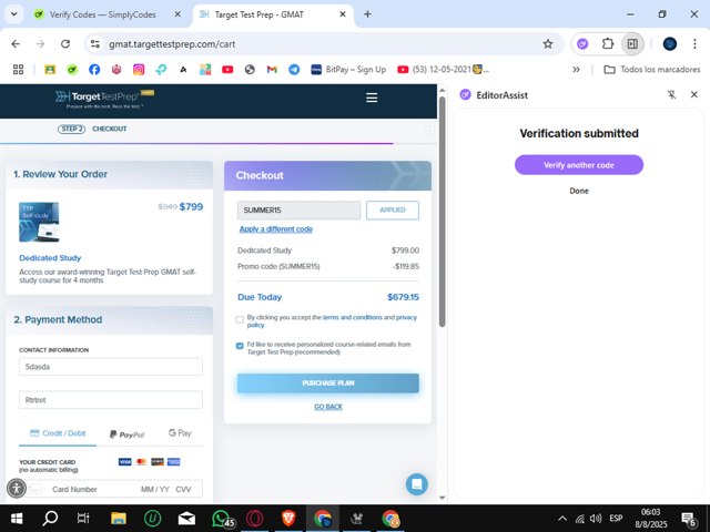 Target Test Prep checkout page showing Target Test Prep promo code box | Screenshot taken by SimplyCodes community member on Aug 8, 2025