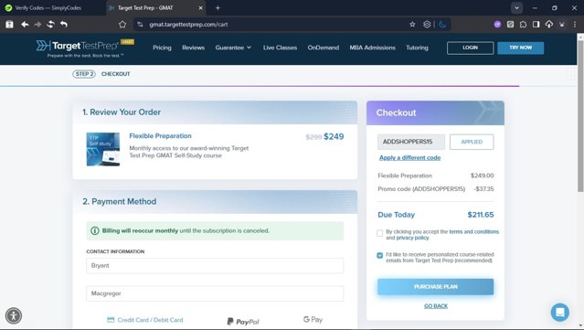 Target Test Prep checkout page showing Target Test Prep promo code box | Screenshot taken by SimplyCodes community member on Aug 30, 2025