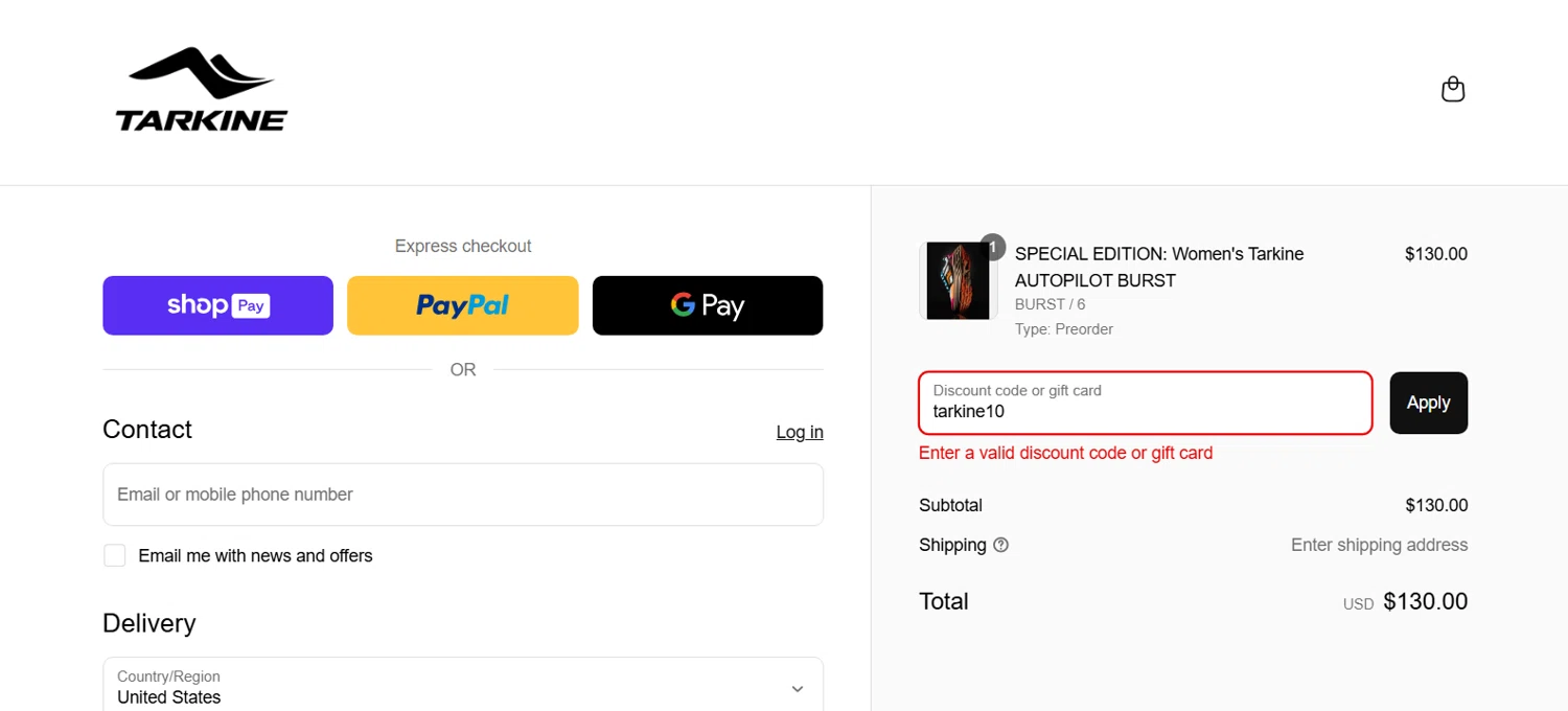 Tarkine discount code screenshot showing code tarkine10 applied at Tarkine checkout page. Uploaded by SimplyCodes community member Coolemorestt on Mar 15, 2025