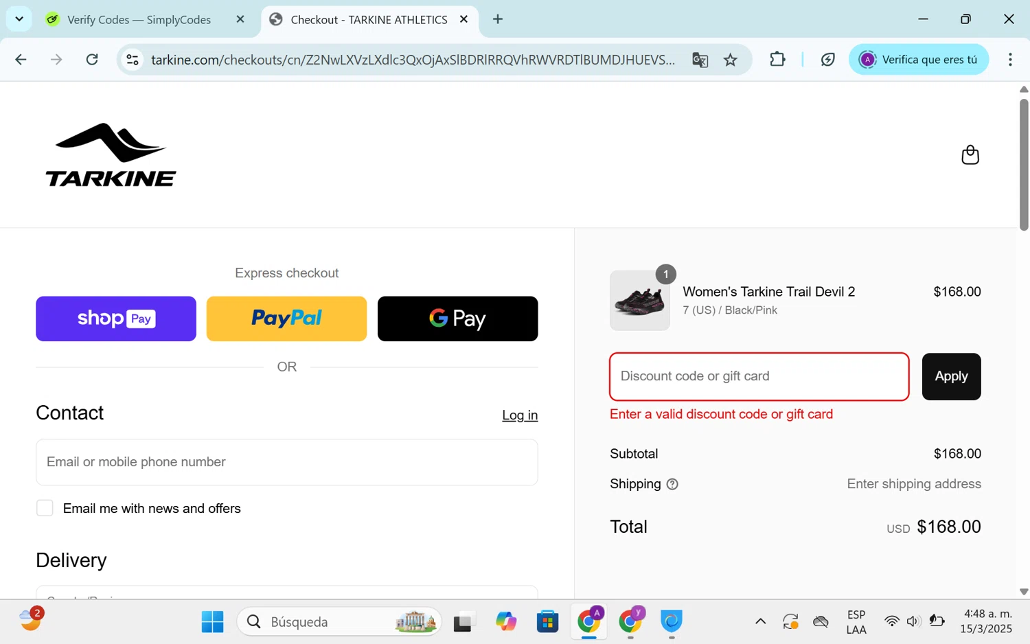 Tarkine discount code screenshot showing code ECO15 applied at Tarkine checkout page. Uploaded by SimplyCodes community member SEANJOHN55 on Mar 15, 2025