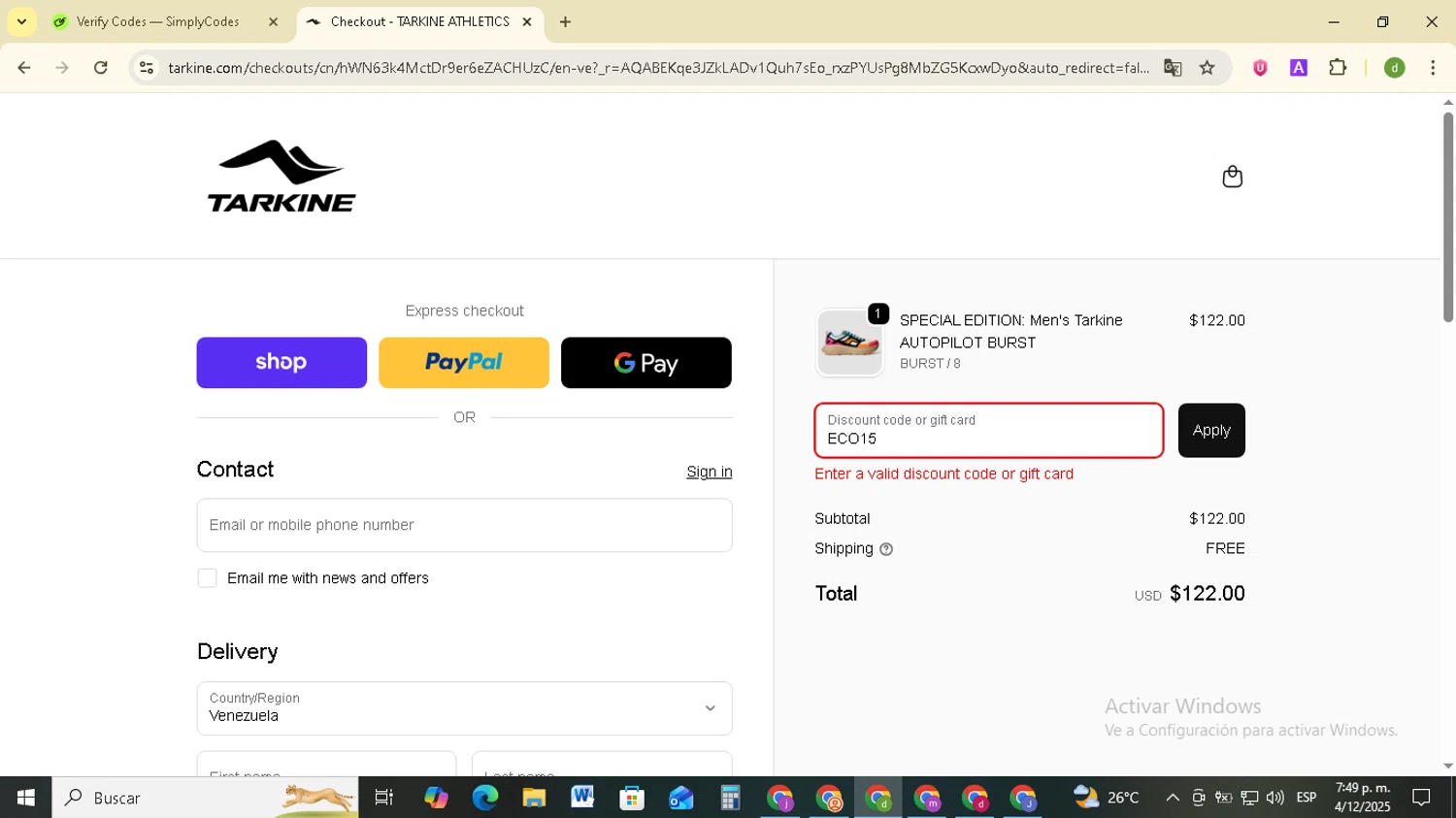 Tarkine discount code screenshot showing code ECO15 applied at Tarkine checkout page. Uploaded by SimplyCodes community member SavingsSentinel833 on Dec 4, 2025