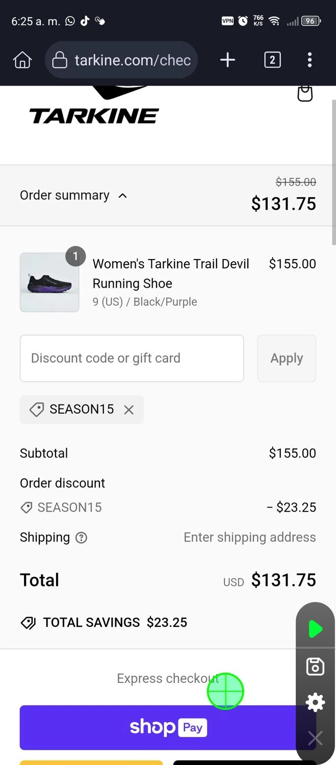 Tarkine checkout page showing Tarkine discount code box | Screenshot taken by SimplyCodes community member on Feb 26, 2025