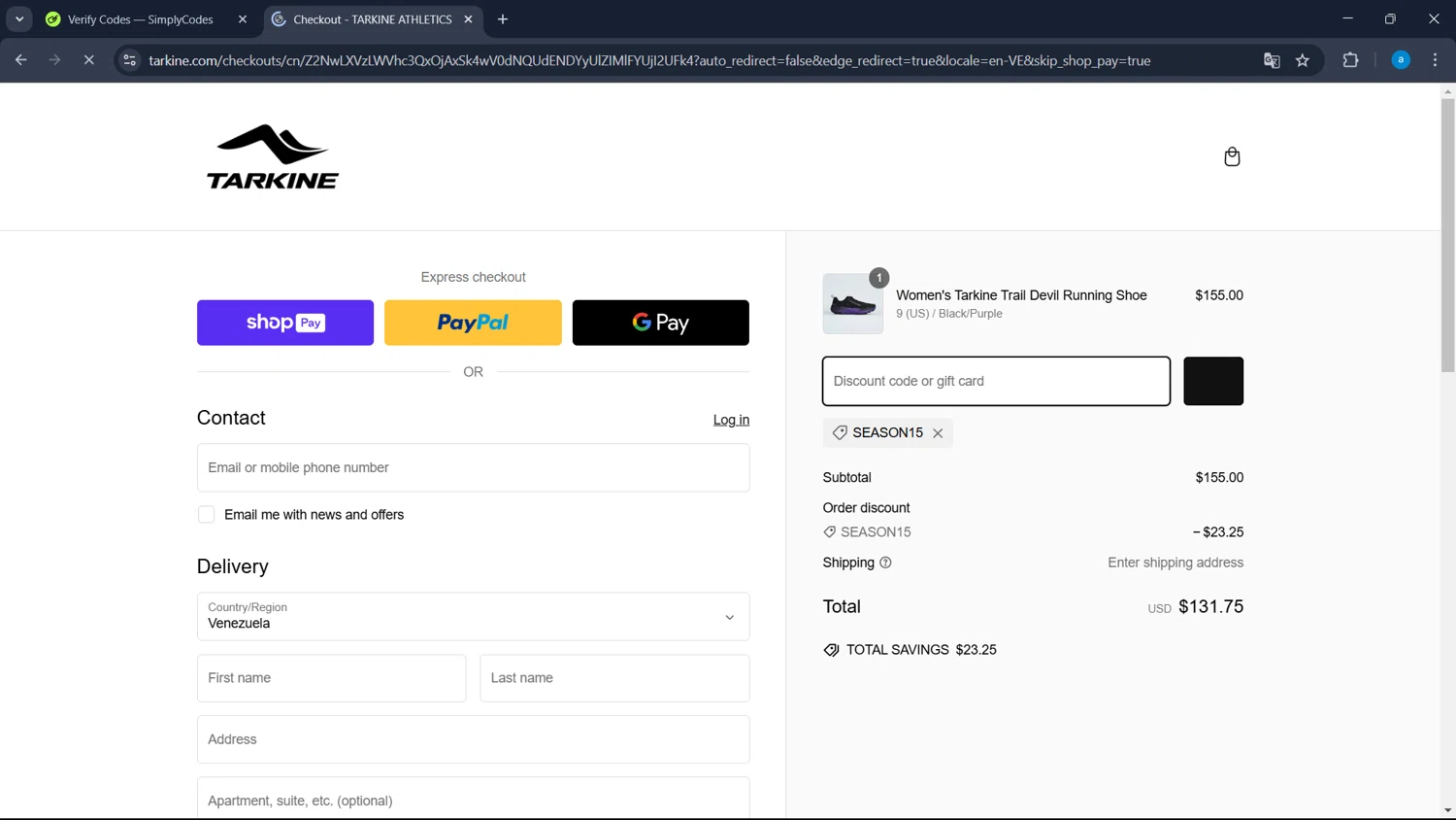 Tarkine checkout page showing Tarkine discount code box | Screenshot taken by SimplyCodes community member on Feb 26, 2025