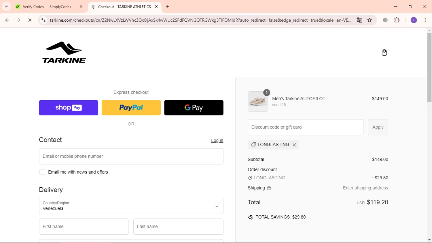 Tarkine checkout page showing Tarkine discount code box | Screenshot taken by SimplyCodes community member on Feb 26, 2025