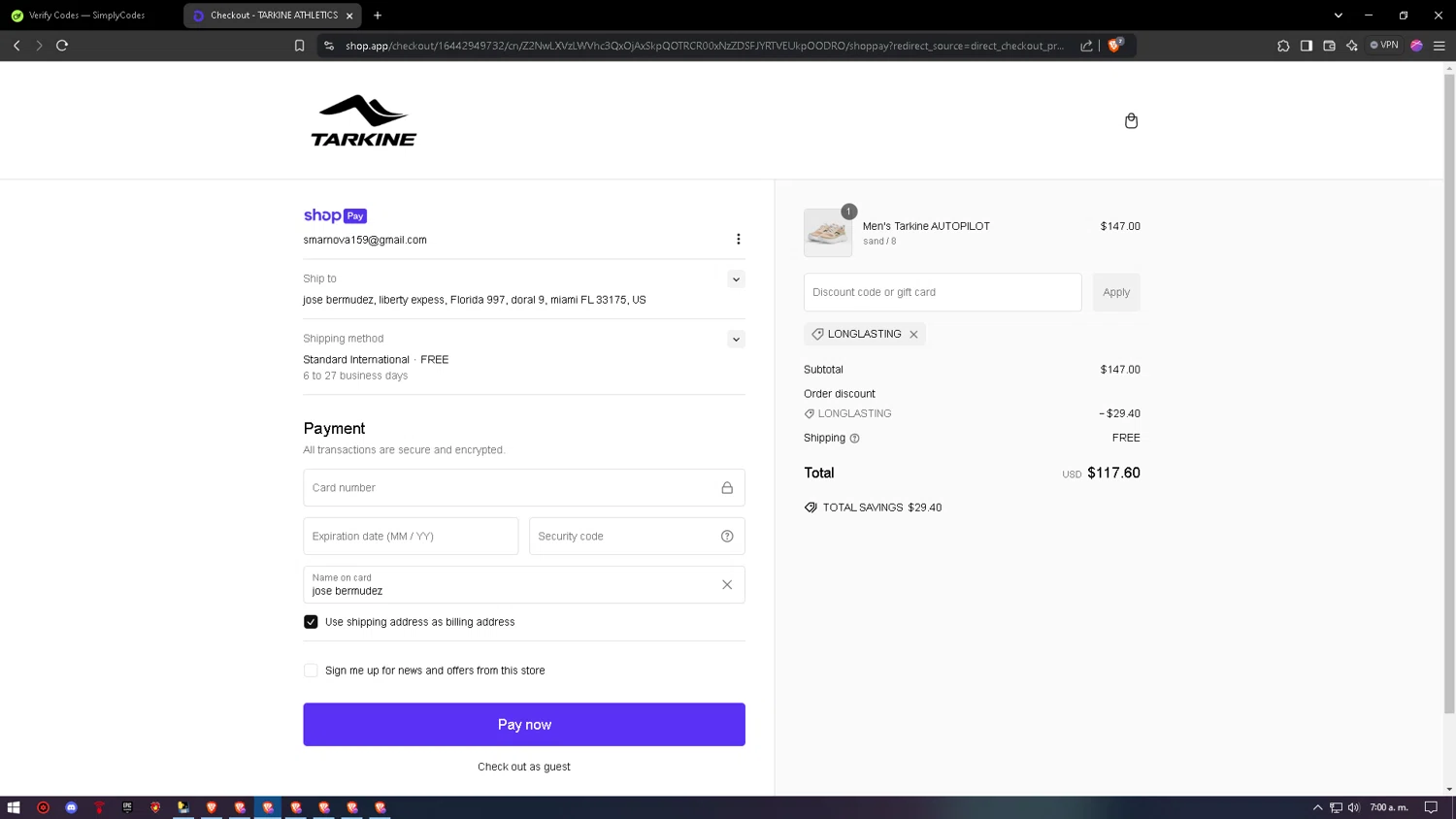 Tarkine checkout page showing Tarkine discount code box | Screenshot taken by SimplyCodes community member on Jan 28, 2025