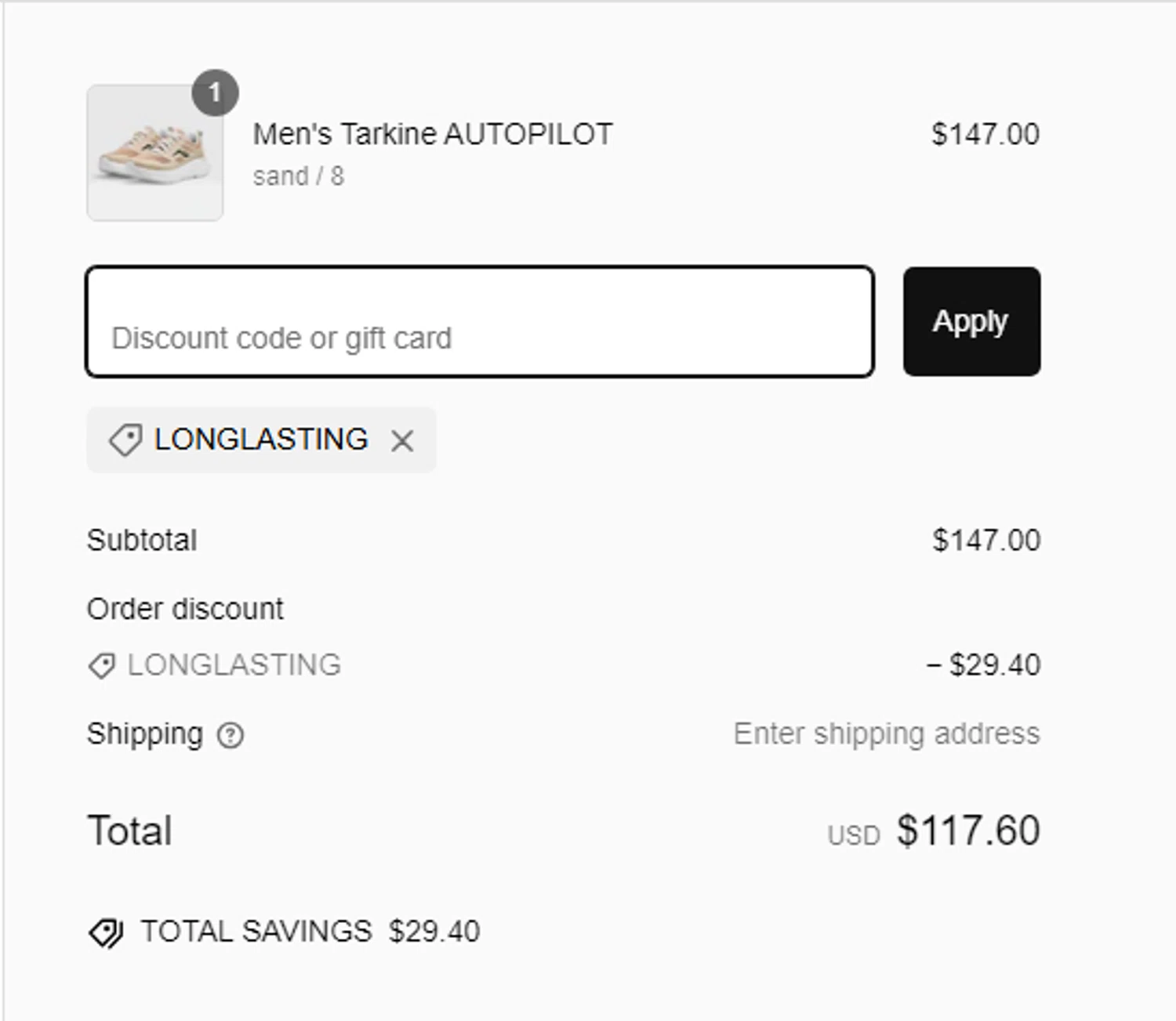 Tarkine checkout page showing Tarkine discount code box | Screenshot taken by SimplyCodes community member on Jan 28, 2025