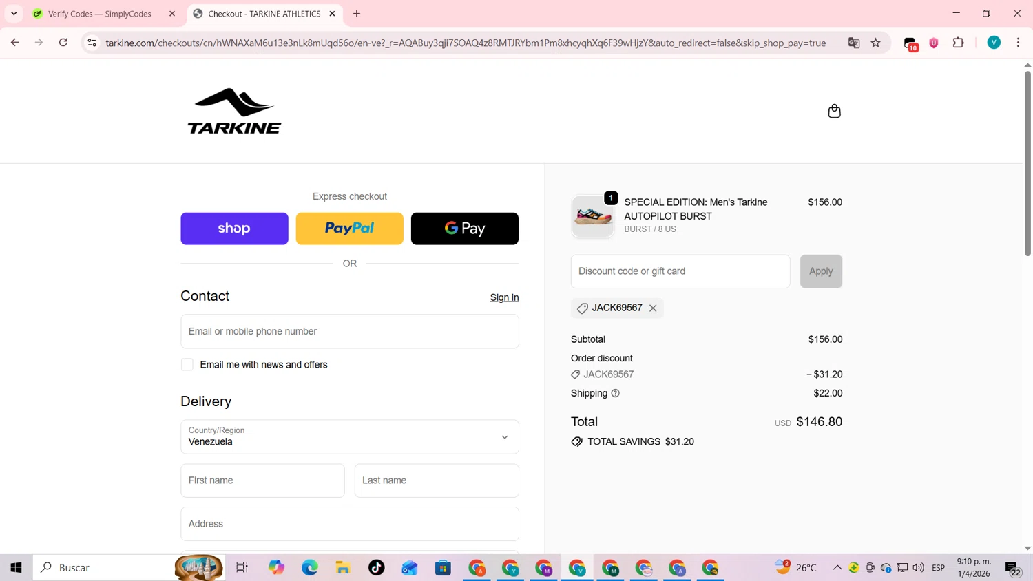 Tarkine promo code screenshot showing code JACK69567 applied at Tarkine checkout page. Uploaded by SimplyCodes community member lyffytaro on Apr 2, 2026