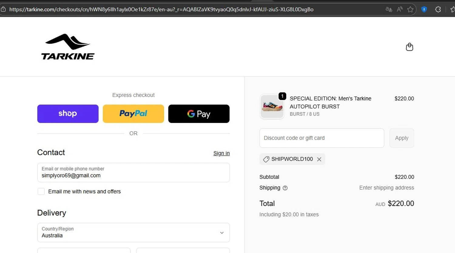 Tarkine discount code screenshot showing code SHIPWORLD100 applied at Tarkine checkout page. Uploaded by SimplyCodes community member HonestVzla on Feb 19, 2026