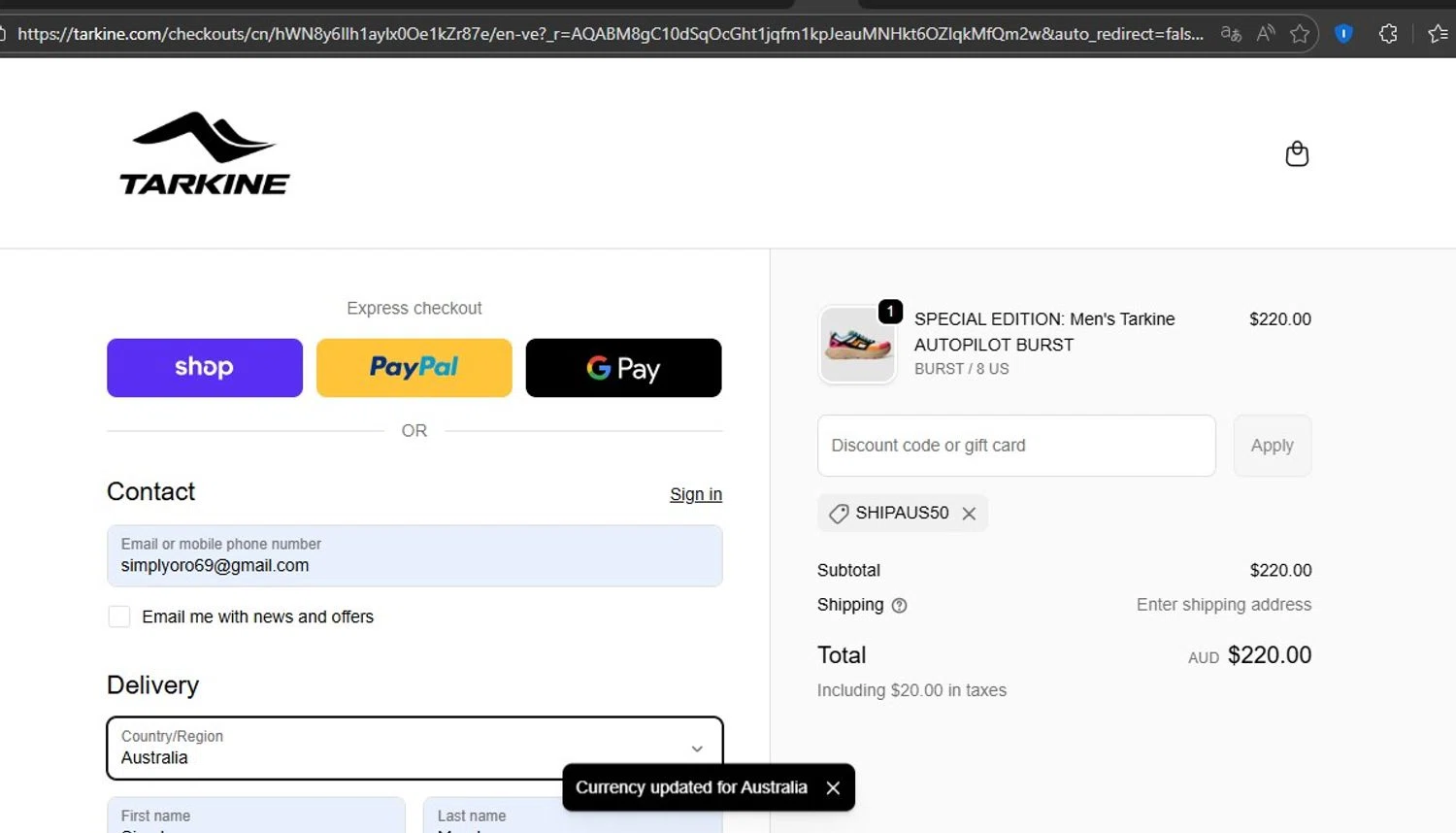 Tarkine discount code screenshot showing code SHIPAUS50 applied at Tarkine checkout page. Uploaded by SimplyCodes community member HonestVzla on Feb 19, 2026