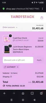 Tarot Stack coupon verification screenshot