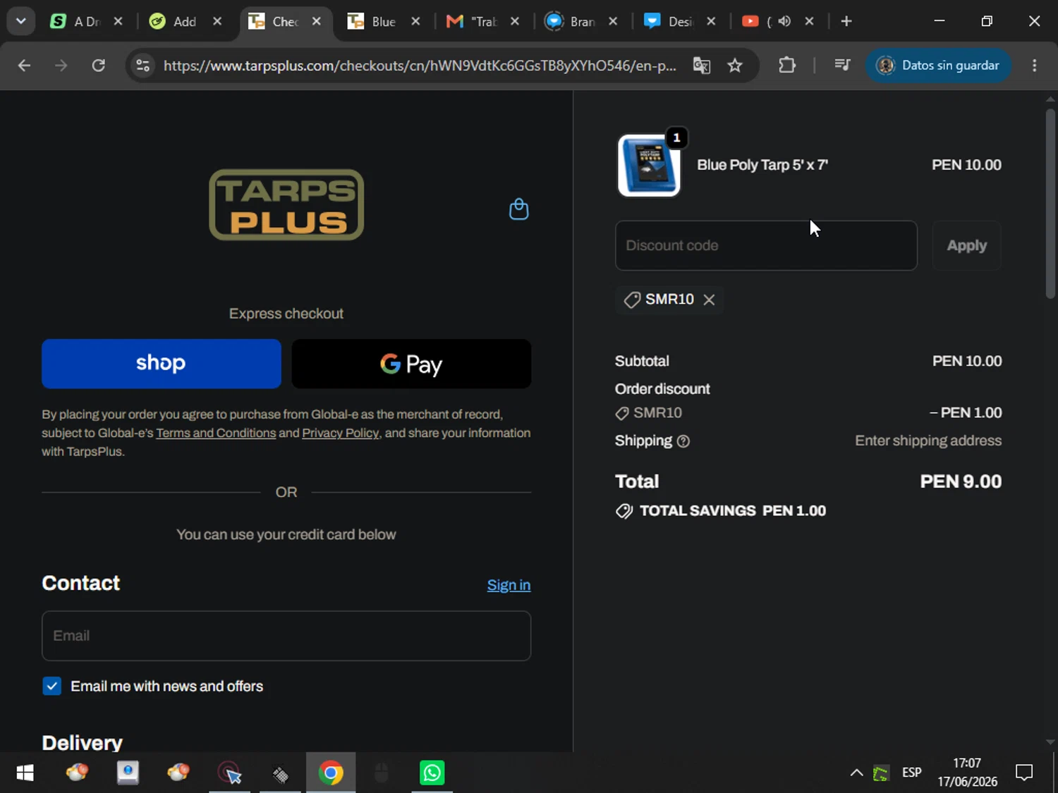 Tarps Plus promo code screenshot showing code smr10 applied at Tarps Plus checkout page. Uploaded by SimplyCodes community member MarcosAranguren on Jun 17, 2026