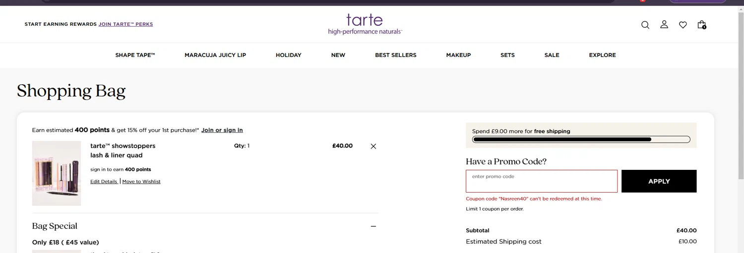 where to use Tarte Cosmetics promo code box
