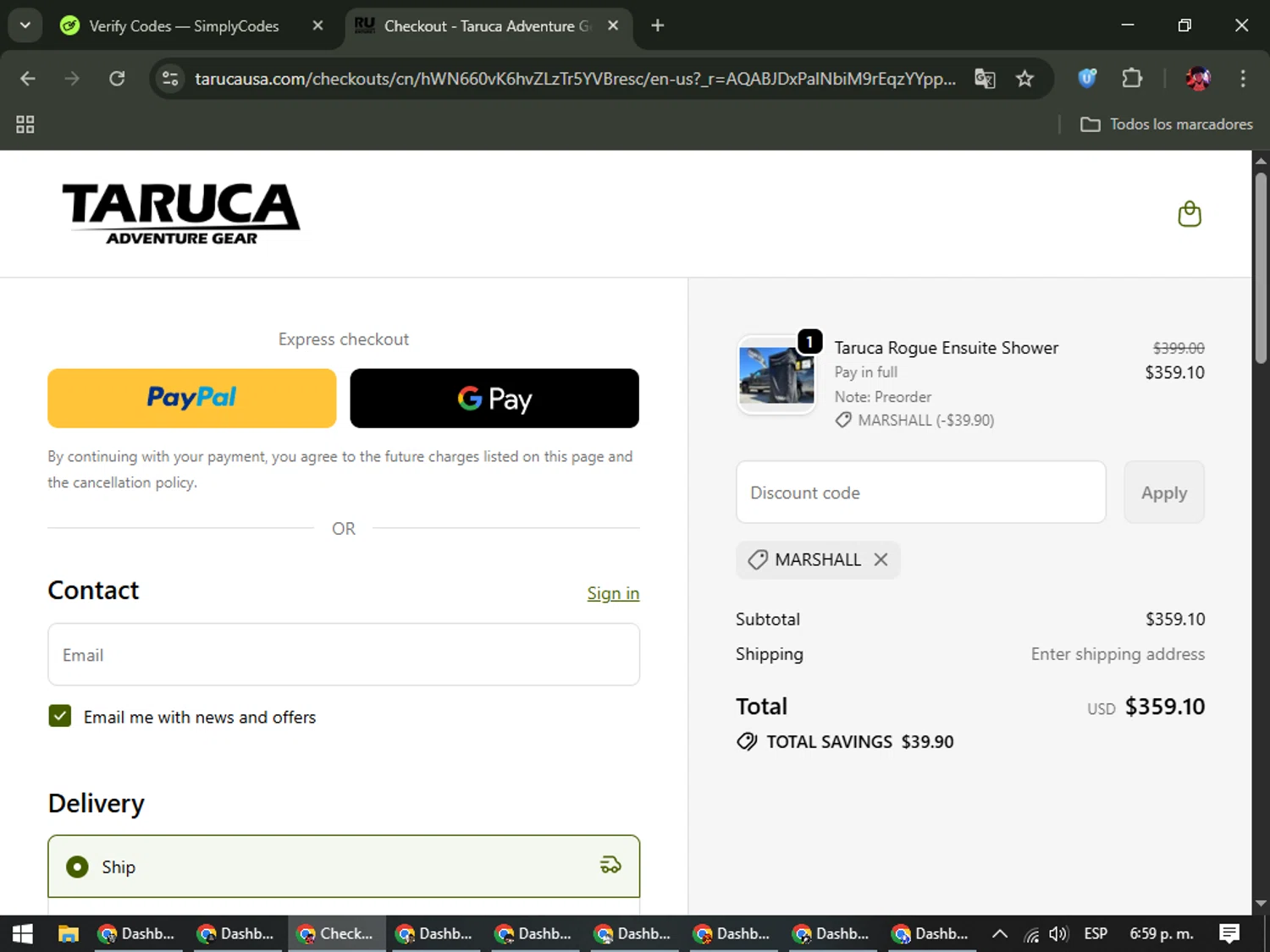 Taruca promo code screenshot showing code MARSHALL applied at Taruca checkout page. Uploaded by SimplyCodes community member SavingsEagle5772 on Dec 5, 2025