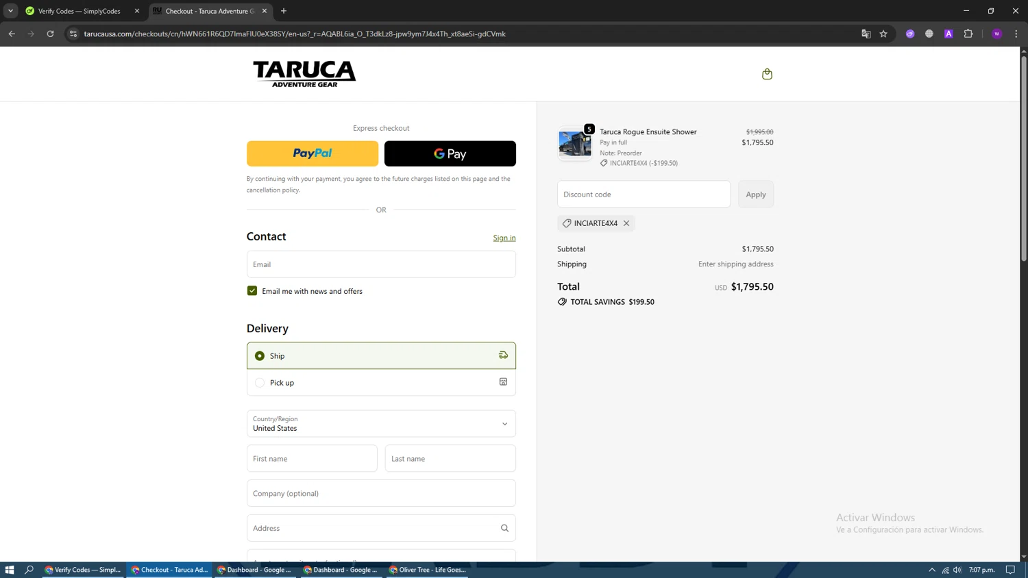 Taruca promo code screenshot showing code INCIARTE4X4 applied at Taruca checkout page. Uploaded by SimplyCodes community member DiscountFalcon2519 on Dec 5, 2025