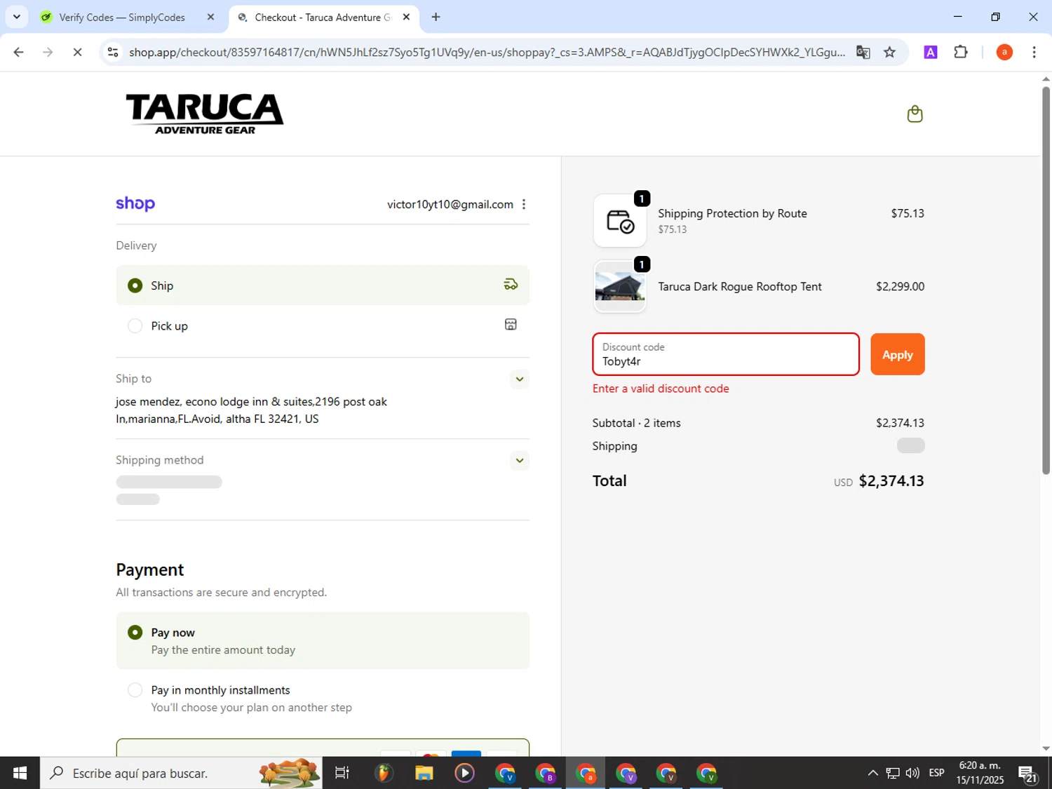 Taruca promo code screenshot showing code Tobyt4r applied at Taruca checkout page. Uploaded by SimplyCodes community member partenalgas on Nov 15, 2025