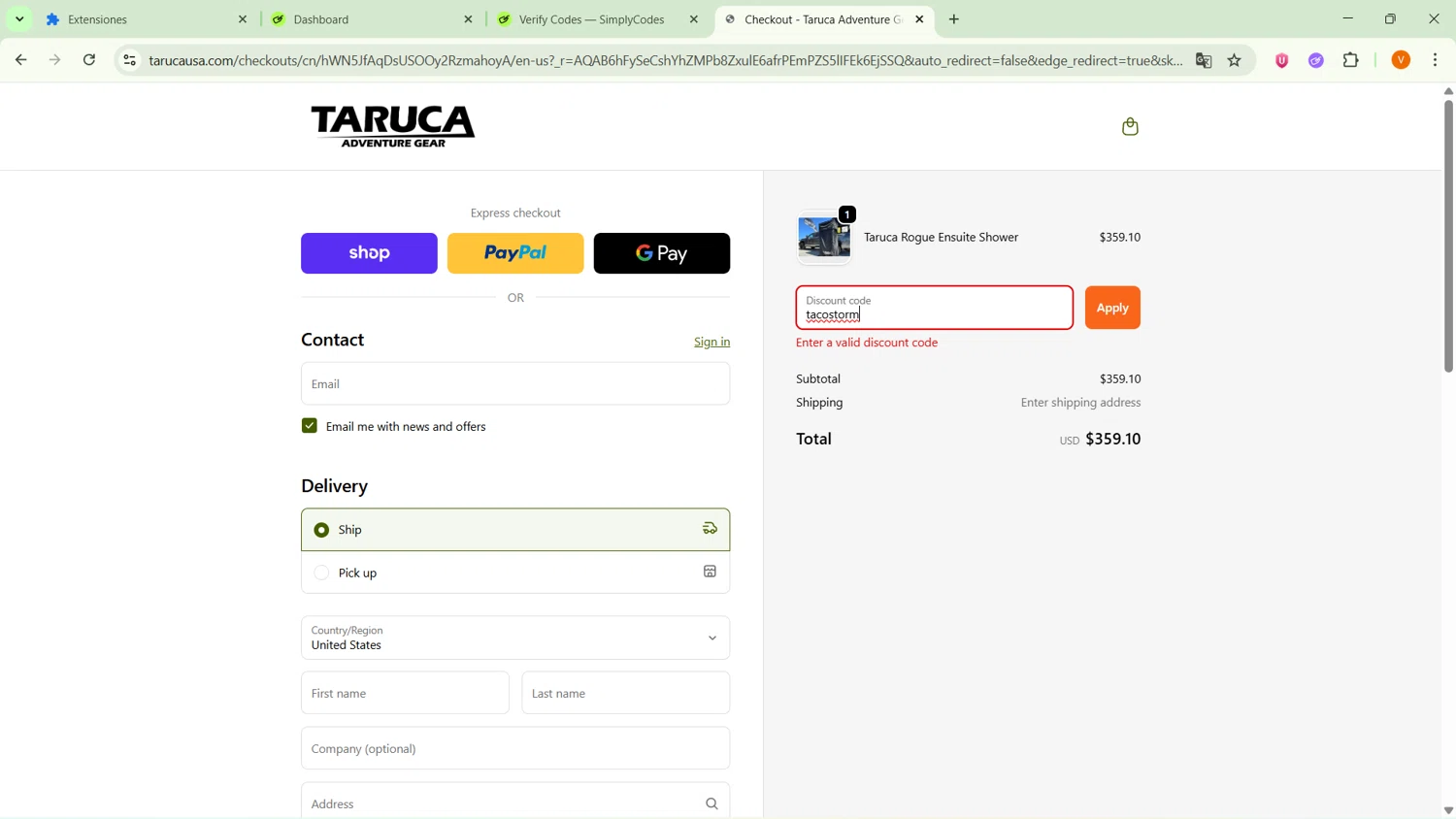 Taruca promo code screenshot showing code tacostorm applied at Taruca checkout page. Uploaded by SimplyCodes community member SavingsFinder9954 on Nov 15, 2025