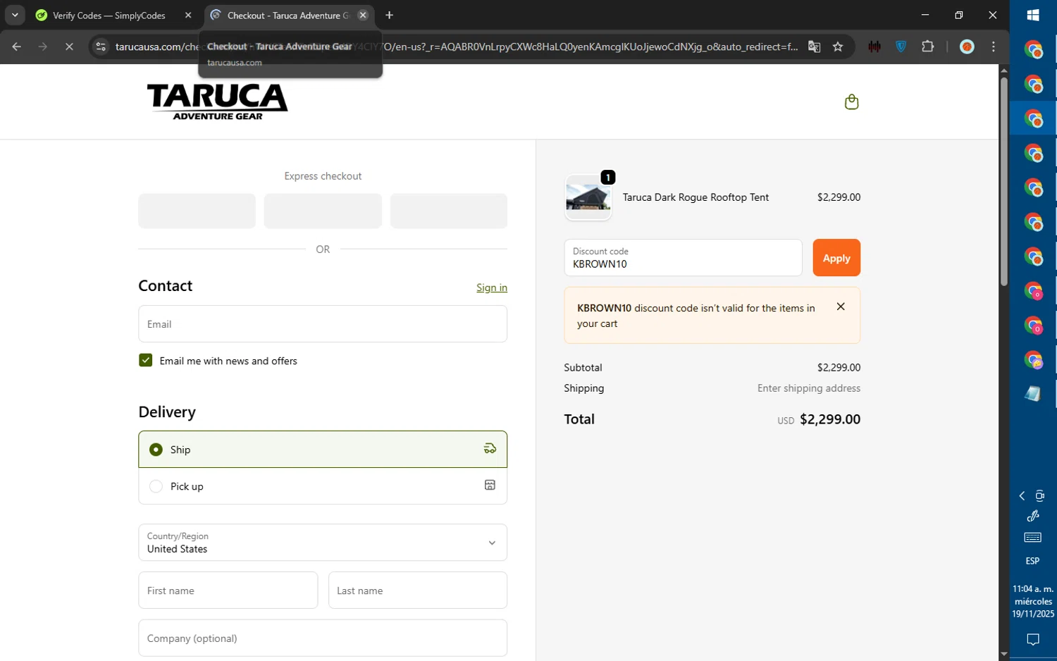 Taruca promo code screenshot showing code KBROWN10 applied at Taruca checkout page. Uploaded by SimplyCodes community member ValiantWarden8956 on Nov 19, 2025