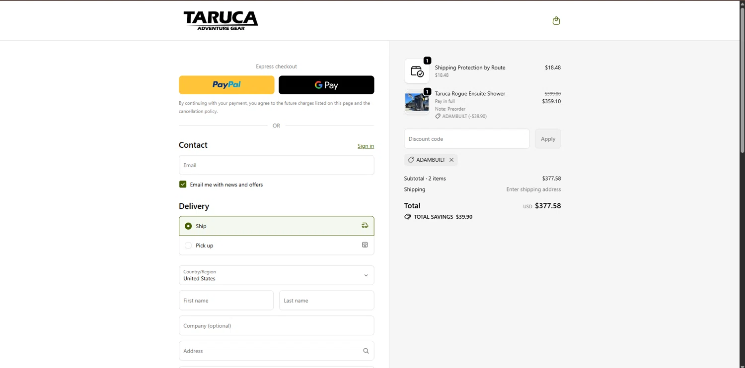 Taruca checkout page showing Taruca promo code box | Screenshot taken by SimplyCodes community member on Jan 3, 2026