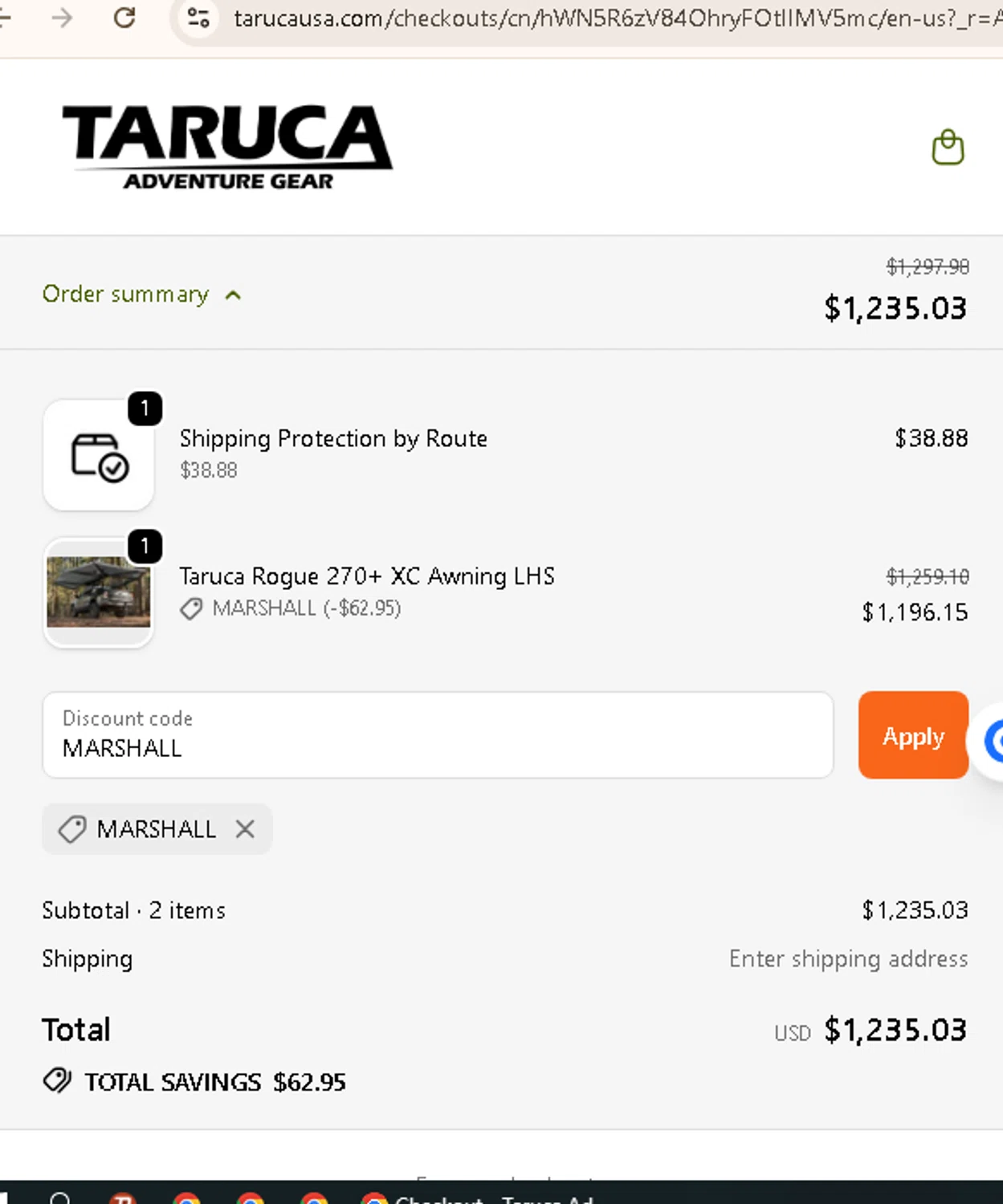 Taruca promo code screenshot showing code MARSHALL applied at Taruca checkout page. Uploaded by SimplyCodes community member AMANDA2681 on Nov 19, 2025