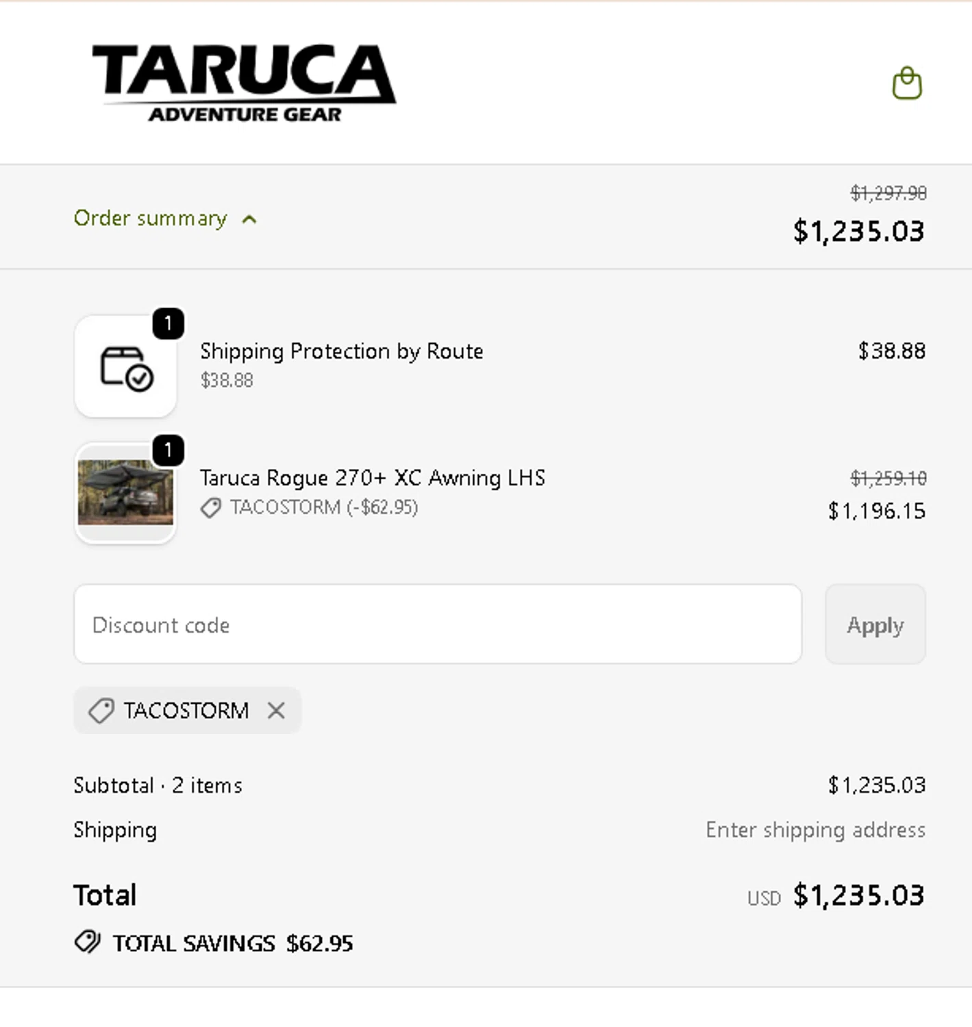 Taruca promo code screenshot showing code tacostorm applied at Taruca checkout page. Uploaded by SimplyCodes community member carmenamandabritoser on Nov 19, 2025