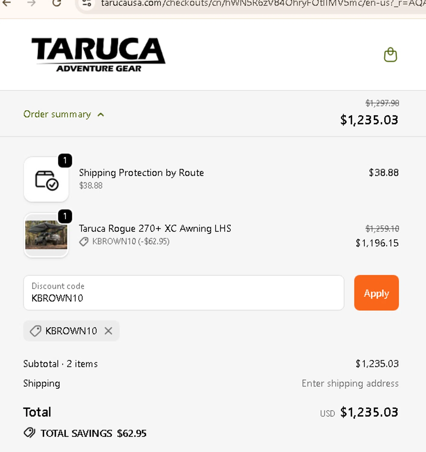 Taruca promo code screenshot showing code KBROWN10 applied at Taruca checkout page. Uploaded by SimplyCodes community member carmenamandabritoser on Nov 19, 2025